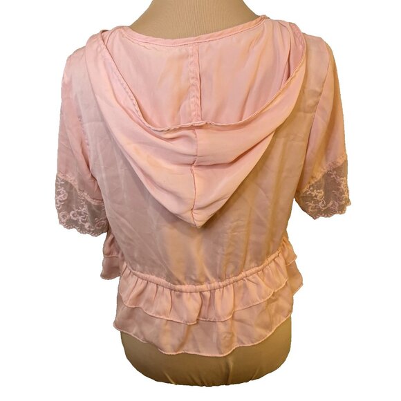Tulle Vintage Inspired Pink Women's Sleep Blouse w/Lace Hooded Housecoat Size M - Picture 2 of 6